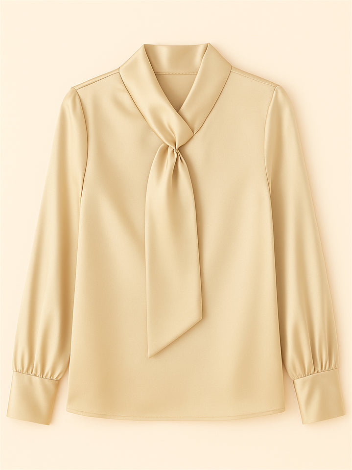 0738631b4caa84a6ef468cf1f2f06e77 Ladies' Elegant Satin Solid Color Lace Up Long Sleeve Blouses - Image 1