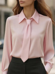 Ladies' Elegant Simple Solid Color Lapel Tie Long Sleeve Blouses - Image 6