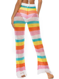 Summer Rainbow Contrast Color Hollow Knitted Beach Pants - Image 3