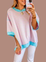 Women's Oversized Striped Color Block Half Sleeve Tops - Image 2