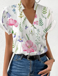 Women's Summer Floral Printed Stand Collar V Neck Short Sleeve Shirts - Image 6