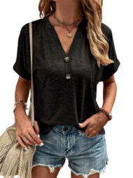 Women's Summer Casual V Neck Buttons Pullover Short Sleeve Shirts - Image 10