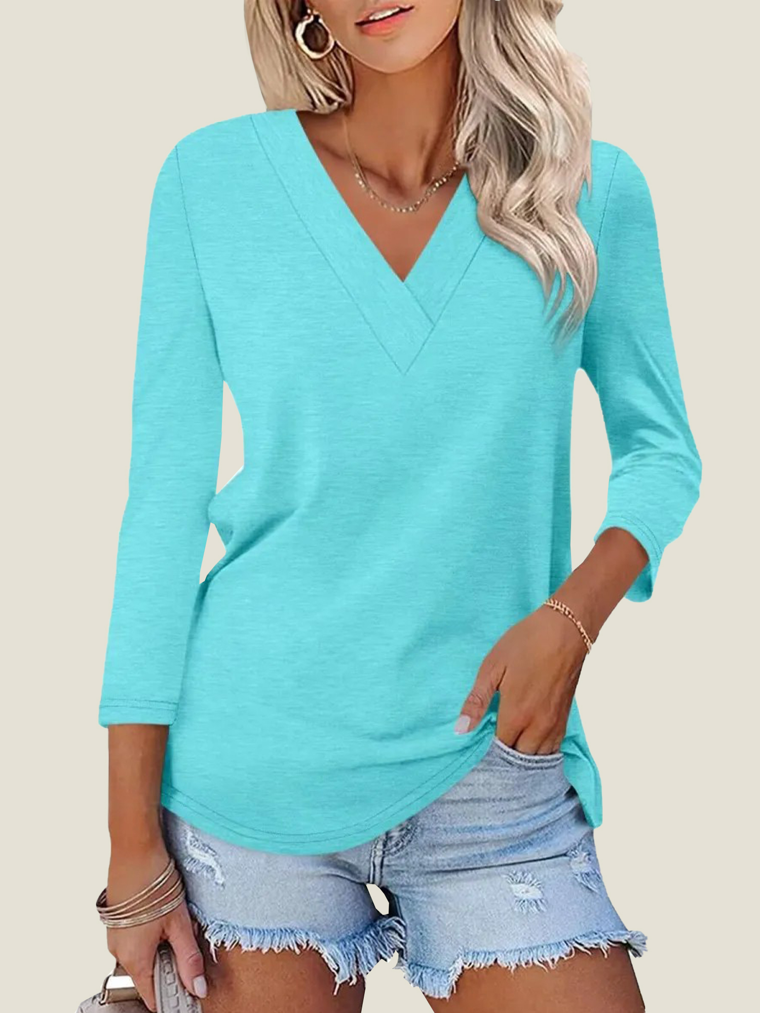 12-2-9 Women's 3/4 Length Sleeves V Neck Basic Tops (Buy 3 Free Shipping) - Image 1