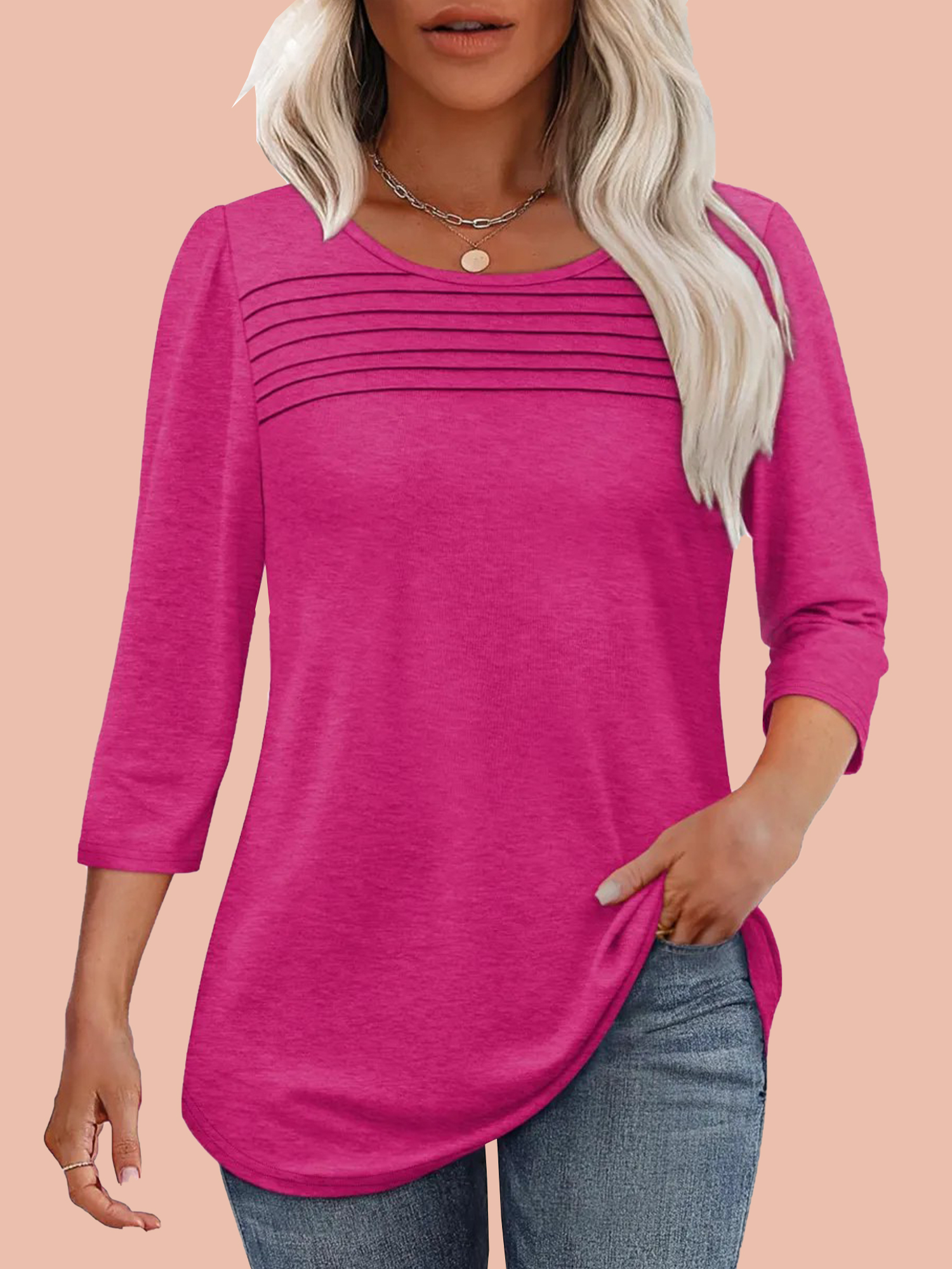 13-2-9 Women's 3/4 Length Sleeve Top Pleated Front T-Shirt (Buy 3 Free Shipping) - Image 1