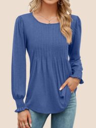 Women's Pleated Puff Long Sleeve Tunic Tops