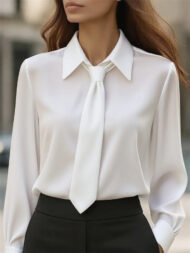 Ladies' Elegant Simple Solid Color Lapel Tie Long Sleeve Blouses - Image 5