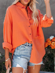 Women's Caual Candy Color Texture Button Up Long Sleeve Blouse - Image 6