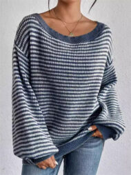 Comfy Autumn Elegant Contrast Color Striped Sabrina Collar Sweaters - Image 6