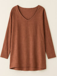 Women's Casual Distressed Solid Color Drop Shoulder V Neck Shirts - Image 4
