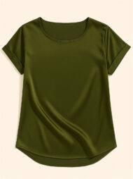 Female's Summer Simple Solid Color Round Neck Short Sleeve Satin Shirts - Image 3