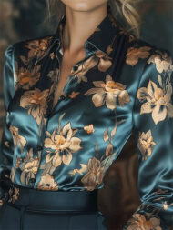 Elegant Golden Floral Printed Satin Slim Fit Long Sleeve Shirts - Image 3