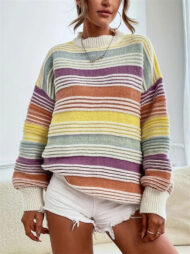 Women's Autumn Rainbow Color Striped Round Neck Sweaters - Image 9