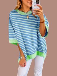 Women's Oversized Striped Color Block Half Sleeve Tops - Image 3