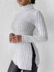 Ladies' Fitted High Neck Solid Color Pit Stripe Split Long-sleeved Sweaters - Image 8