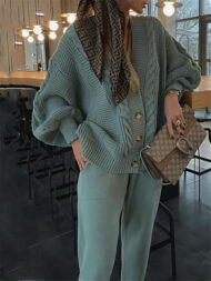 Women's Simple V-Neck Solid Color Pit Stripe Button Up Sweater Outfits - Image 6