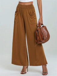 Simple Solid Color Pockets Elastic Hight Waist Wide Leg Pants for Women - Image 6