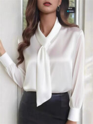 Ladies' Elegant Satin Solid Color Lace Up Long Sleeve Blouses - Image 6