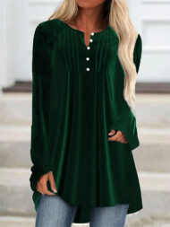 Women's Solid Color Velvet Pleated Asymmetrical Hem Long Sleeve Shirts - Image 5