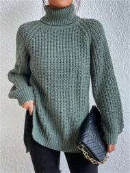Women's Solid Color Turtleneck Split Hem Long Sleeve Knitted Sweaters - Image 10