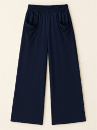 Simple Solid Color Pockets Elastic Hight Waist Wide Leg Pants for Women - Image 3