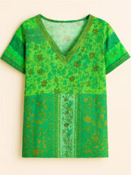 Summer Holiday Style Floral Print V Neck T-Shirt for Women - Image 5