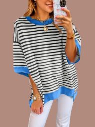 Women's Oversized Striped Color Block Half Sleeve Tops - Image 6