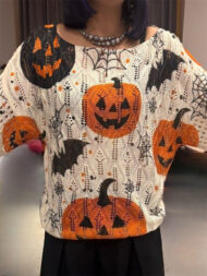 Hollow Halloween Style Pumpkin Print Round Neck Sweater for Women - Image 3