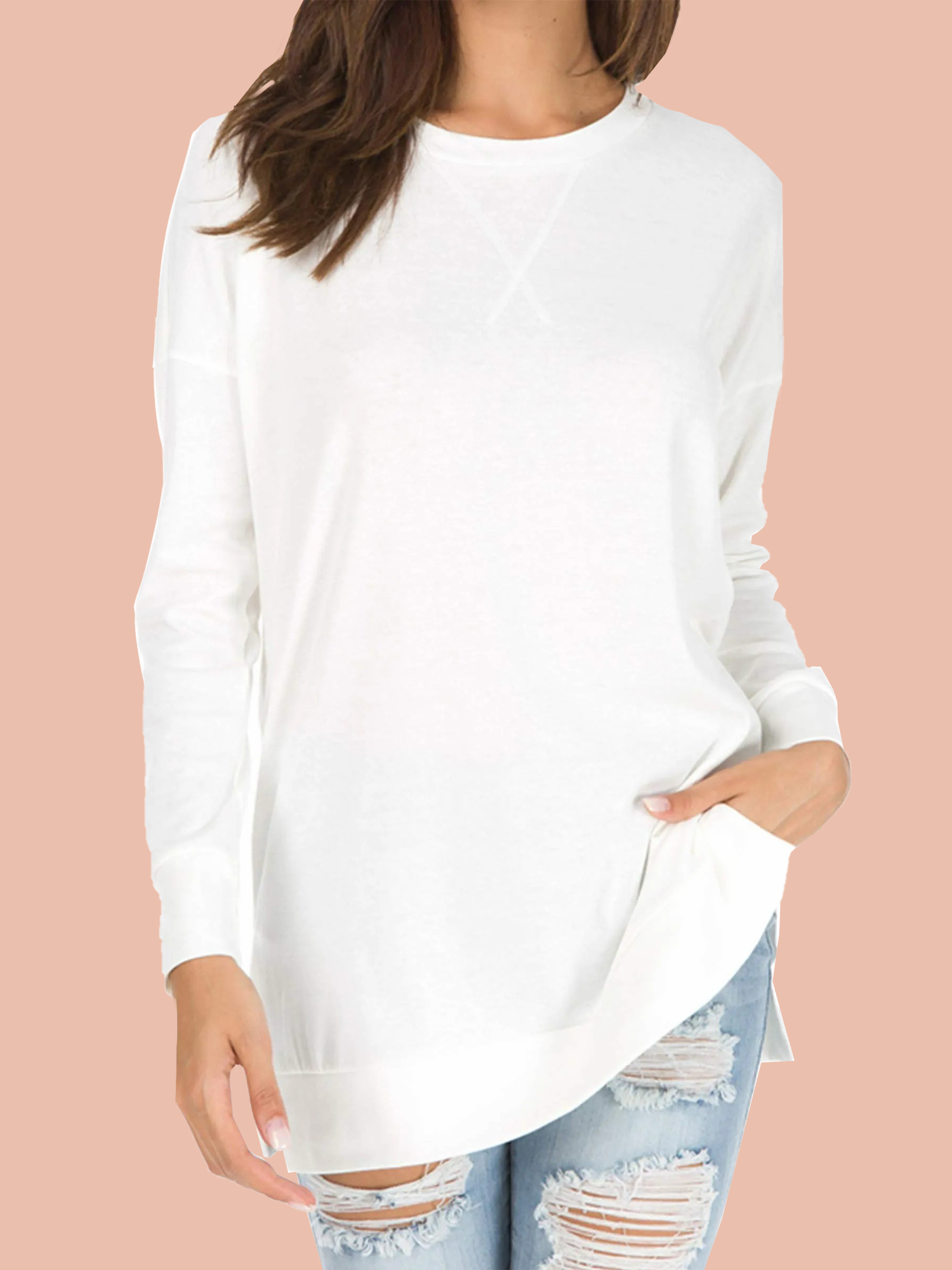 5-685 Women's Long Sleeve Side Slit Loose Tops (Buy 3 Free Shipping) - Image 1