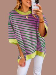 Women's Oversized Striped Color Block Half Sleeve Tops - Image 8