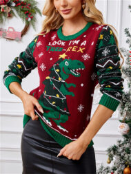 Women's Autumn Creative Dinosaur Jacquard Round Neck Pullover Christmas Sweaters - Image 7