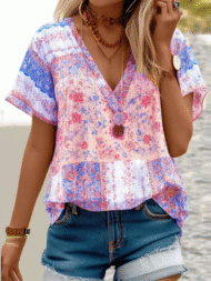 Summer Holiday Style Floral Print V Neck T-Shirt for Women - Image 6