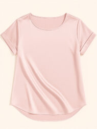 Female's Summer Simple Solid Color Round Neck Short Sleeve Satin Shirts - Image 5