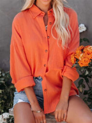 Women's Caual Candy Color Texture Button Up Long Sleeve Blouse - Image 5