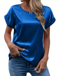 Female's Summer Simple Solid Color Round Neck Short Sleeve Satin Shirts - Image 9