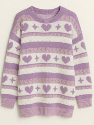 Cute Heart Shape Pattern Striped Pullover Long Sleeve Sweaters for Women