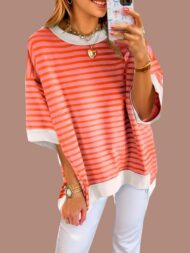 Women's Oversized Striped Color Block Half Sleeve Tops
