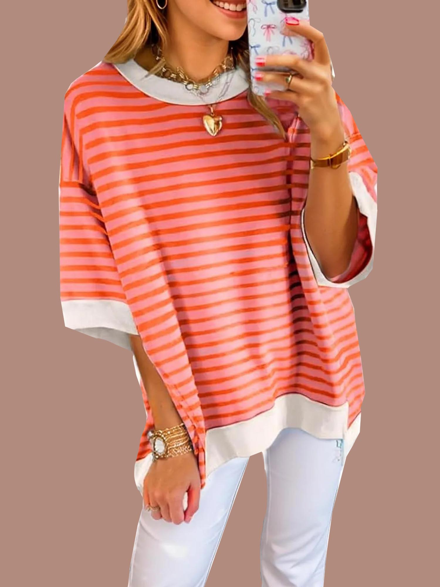 6-481 Women's Oversized Striped Color Block Half Sleeve Tops - Image 1