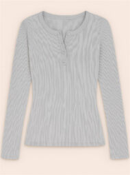 Solid Color Striped Buttons Pullover Slim-fit Long Sleeve Shirts for Women - Image 5