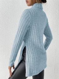 Ladies' Fitted High Neck Solid Color Pit Stripe Split Long-sleeved Sweaters - Image 10