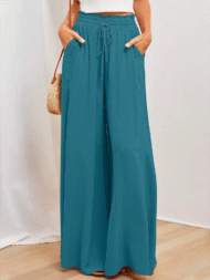 Women's High Waist Solid Color Drawstring Wide Leg Flared Pants - Image 9