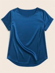 Female's Summer Simple Solid Color Round Neck Short Sleeve Satin Shirts