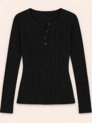 Solid Color Striped Buttons Pullover Slim-fit Long Sleeve Shirts for Women - Image 8