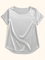 Female's Summer Simple Solid Color Round Neck Short Sleeve Satin Shirts - Image 7