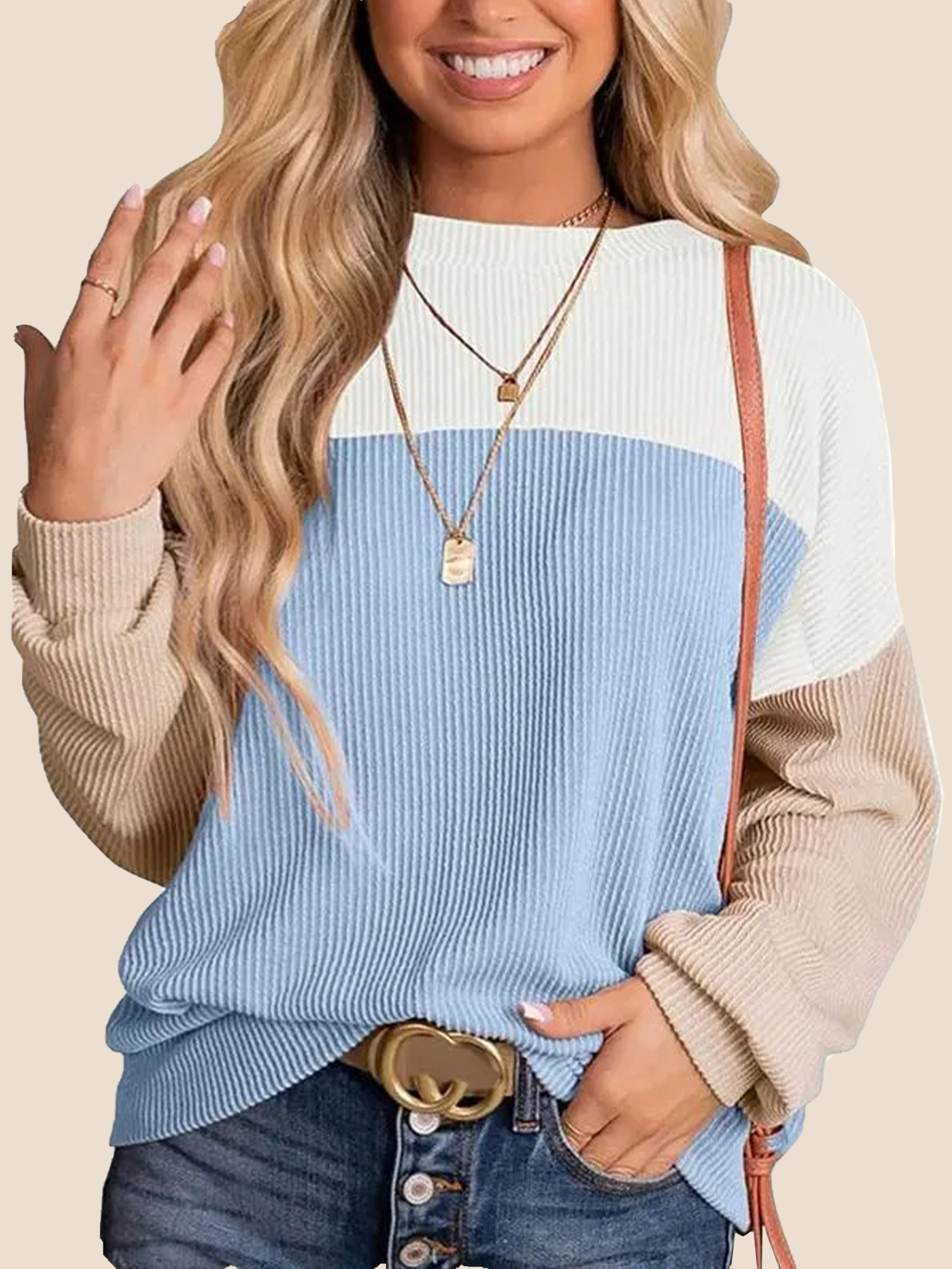 7-306 Women's Crewneck Color Block Ribbed Tops - Image 1