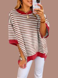 Women's Oversized Striped Color Block Half Sleeve Tops - Image 9
