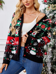 Women's Autumn Snowman Elk V Neck Long Sleeve Cardigan Christmas Sweaters - Image 6