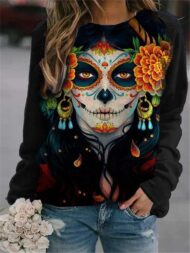 Women's Halloween Style Printed Black Long Sleeve Shirts - Image 2