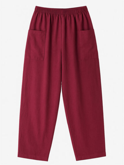 Women's Simple Solid Color Elastic High Waist Pants with Pockets