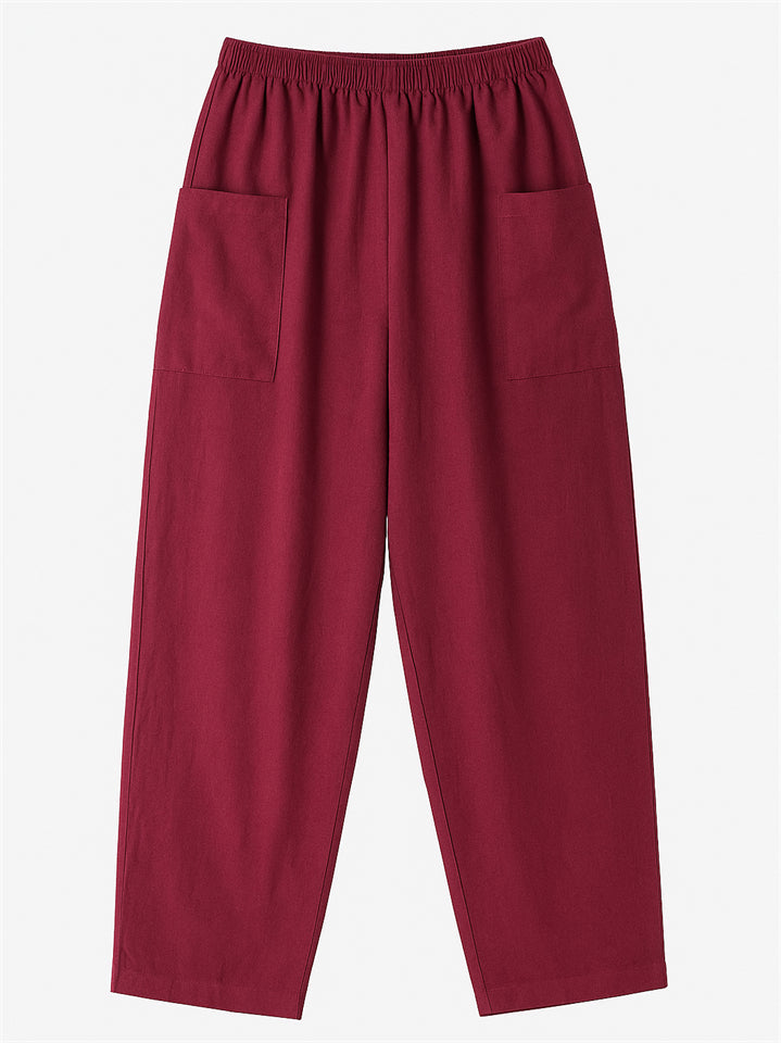 798b03a9f777f4743990de7dfede87be Women's Simple Solid Color Elastic High Waist Pants with Pockets - Image 1