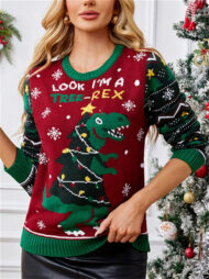 Women's Autumn Creative Dinosaur Jacquard Round Neck Pullover Christmas Sweaters - Image 2